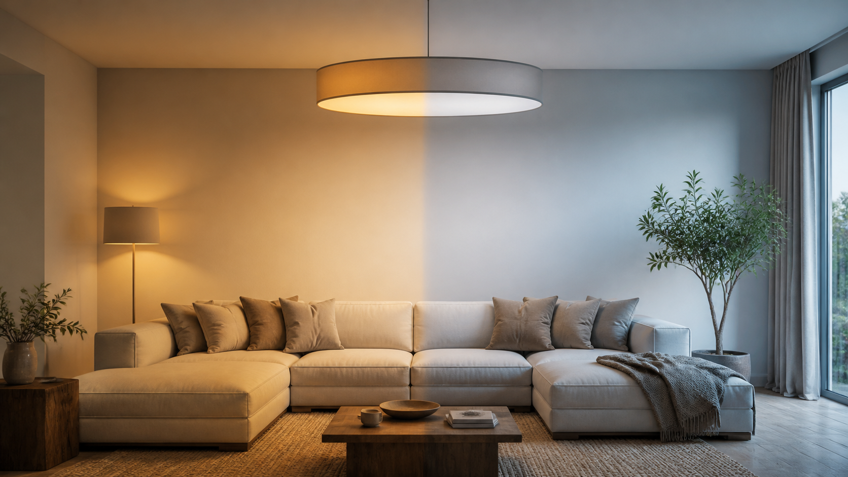 A living room shifting from warm white to daylight